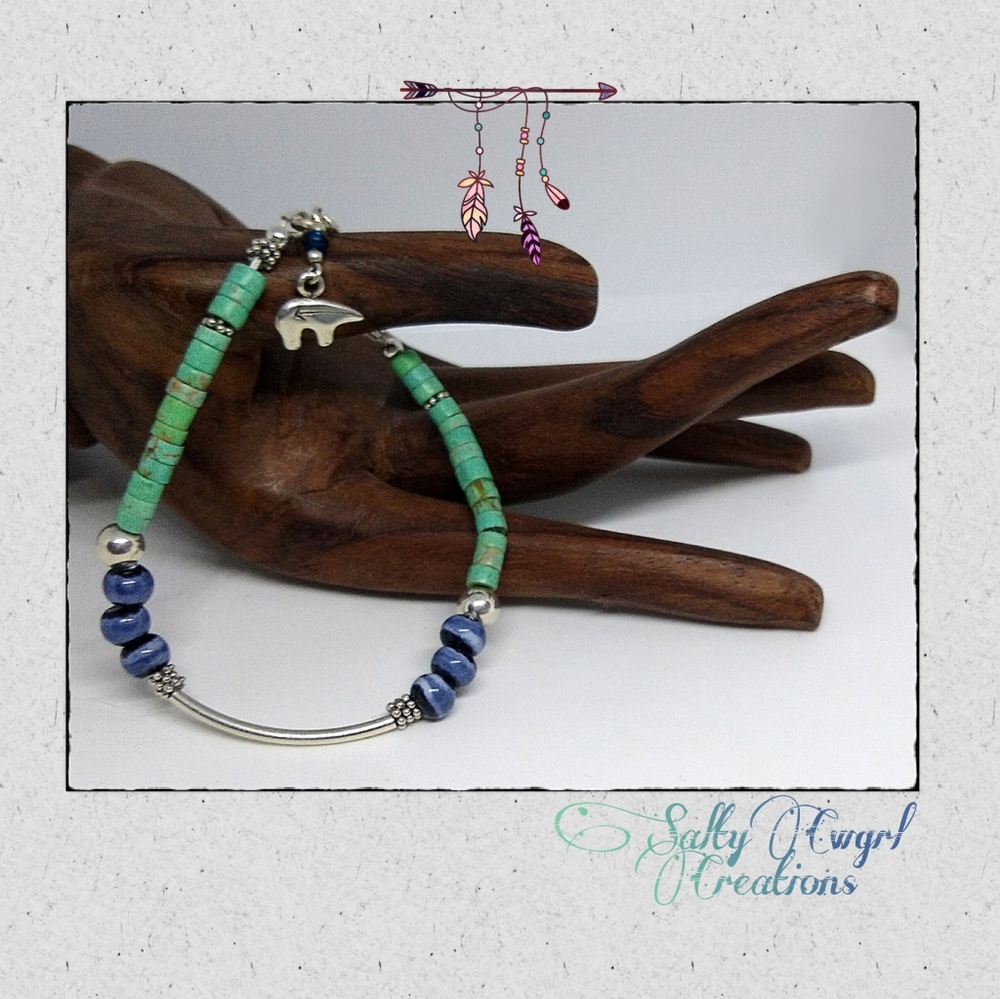 Upcycled Turquoise & Sterling Bracelet w Zuni Bear